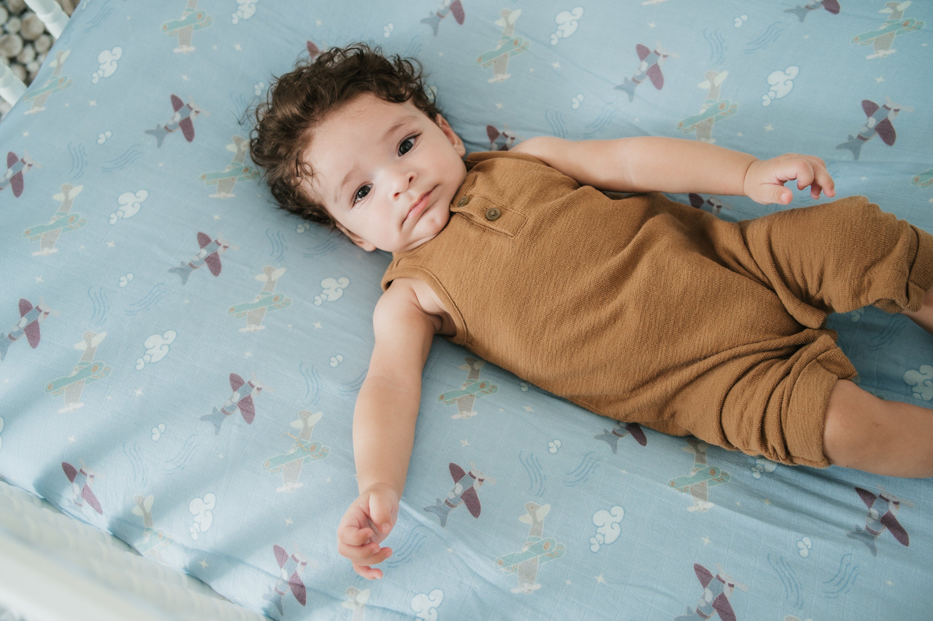 Organic Bamboo Cotton Muslin Crib Sheet in Dreamy Planes