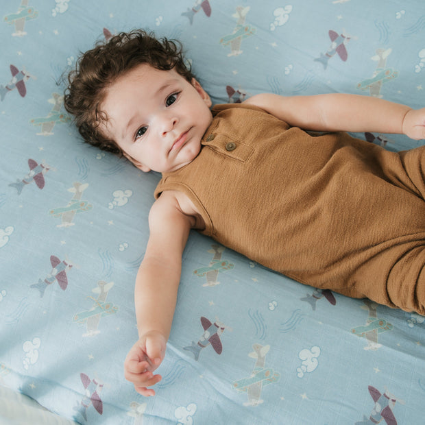 Organic Bamboo Cotton Muslin Crib Sheet in Dreamy Planes