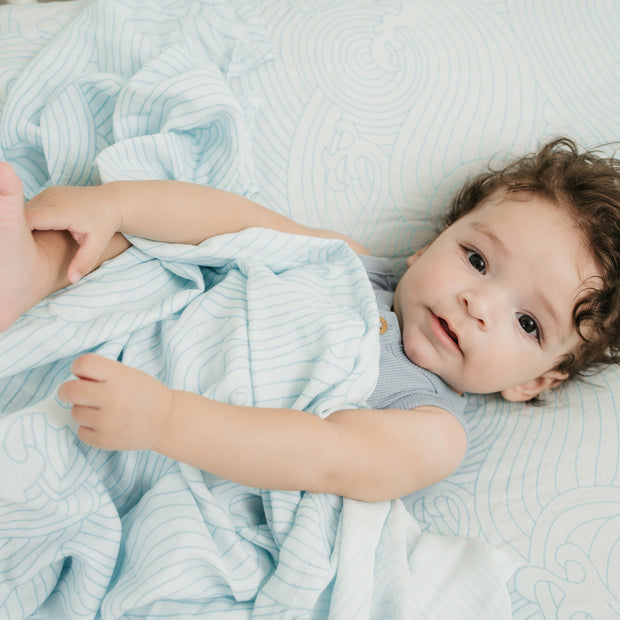 Organic Bamboo Cotton Muslin Swaddle Blanket in Crashing Sea Waves