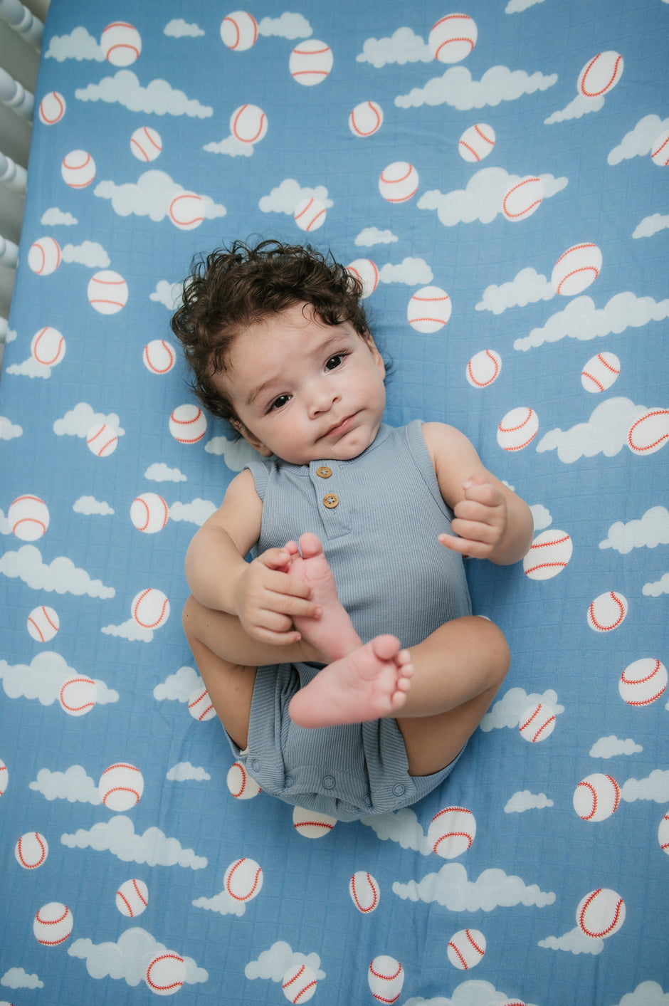 Organic Bamboo Cotton Muslin Crib Sheet in Baseballs in the Sky