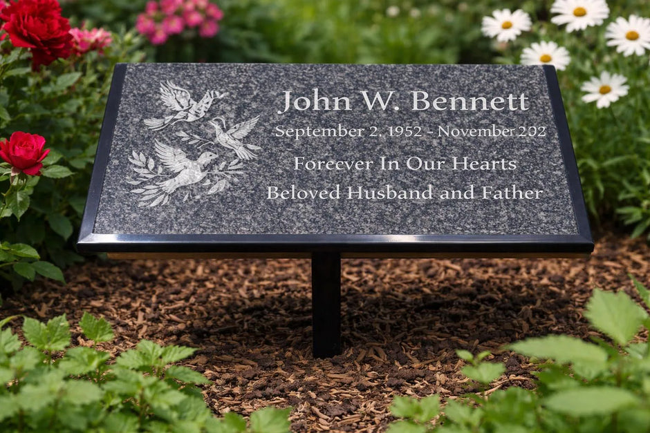 Personalized Black Marble Grave Marker, 12 x 6 Laser Engraved Memorial Plaque with Ground Stand