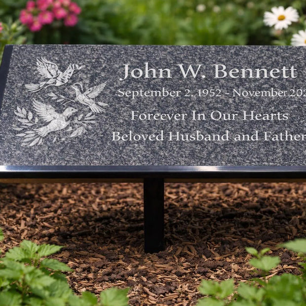 Personalized Black Marble Grave Marker, 12 x 6 Laser Engraved Memorial Plaque with Ground Stand