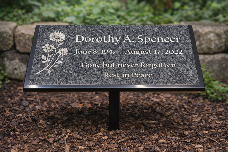 Personalized Black Marble Grave Marker, 12 x 6 Laser Engraved Memorial Plaque with Ground Stand
