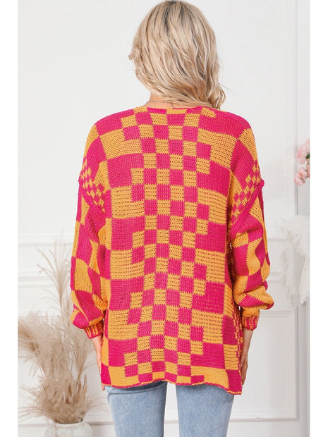 Women Cardigan Sweater Contrast Exposed Seam Open Front Orange Colored