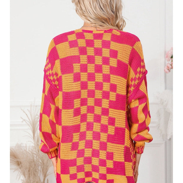 Women Cardigan Sweater Contrast Exposed Seam Open Front Orange Colored