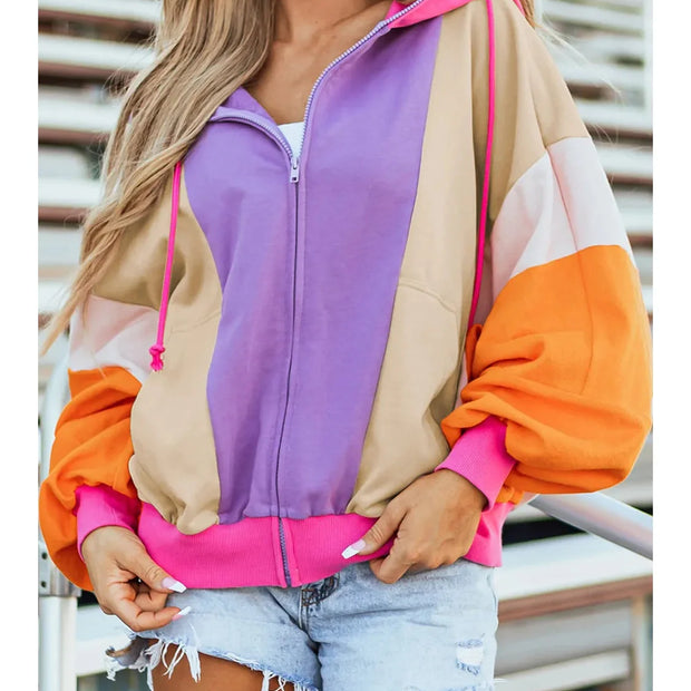 Women Drawstring Color Block Zip Up Long Sleeve Hoodie