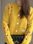Women Candy Cane & Star Button Down Long Sleeve Christmas Cardigan