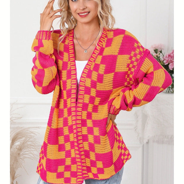 Women Cardigan Sweater Contrast Exposed Seam Open Front Orange Colored