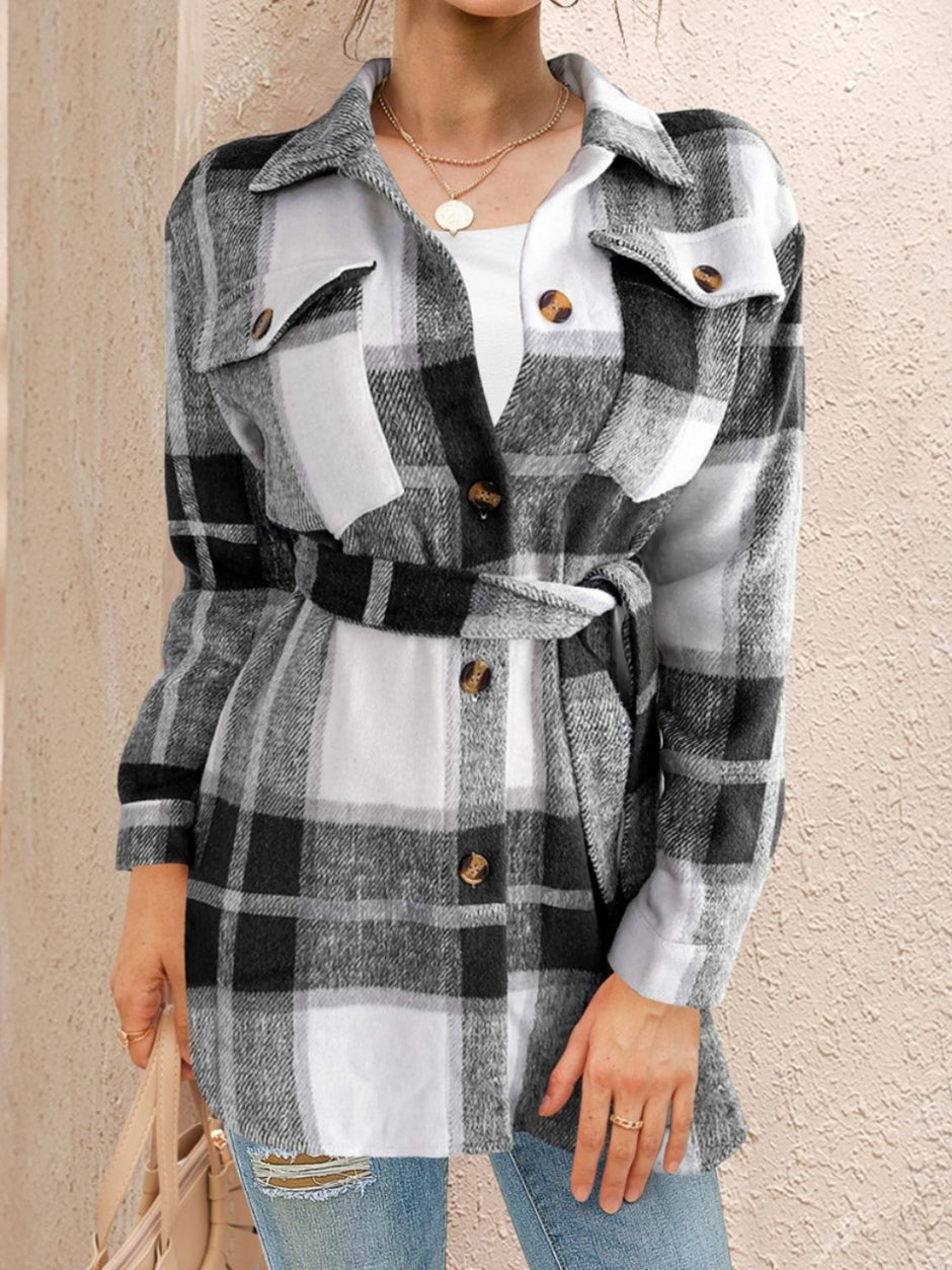 Women FAM-FAM Tied Plaid Button Up Shacket