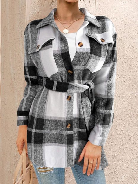 Women FAM-FAM Tied Plaid Button Up Shacket