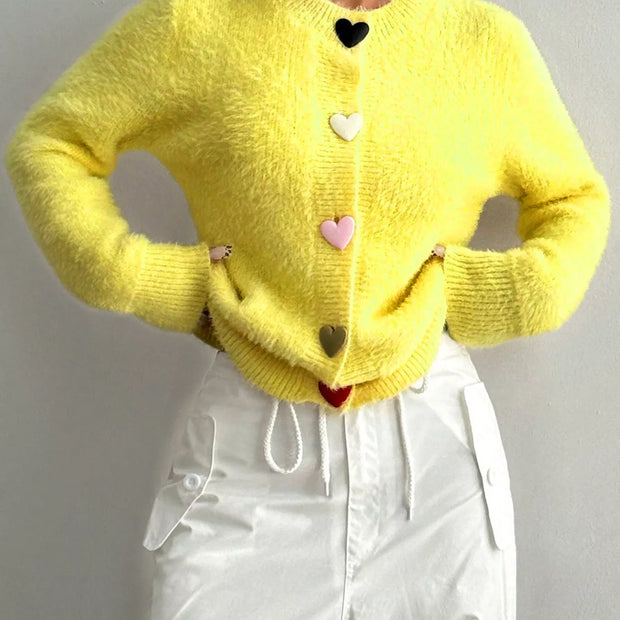 Women Heart Button Fuzzy Cardigan