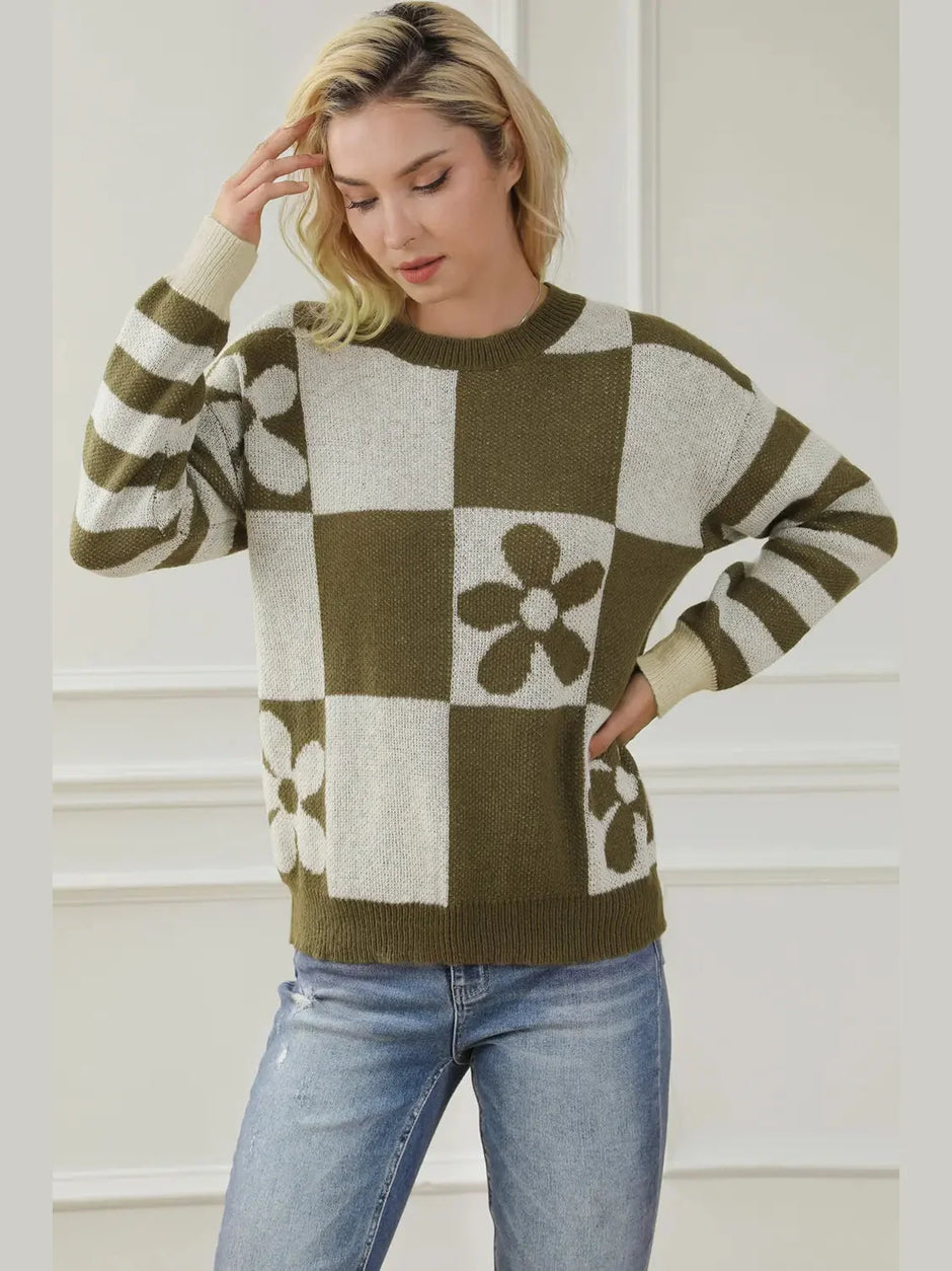 Contrast Round Neck Long Sleeve Sweater