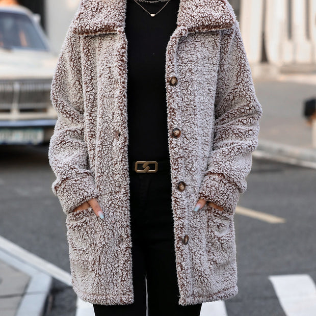 Women Pocketed Collared Neck Long Sleeve Plush Jacket