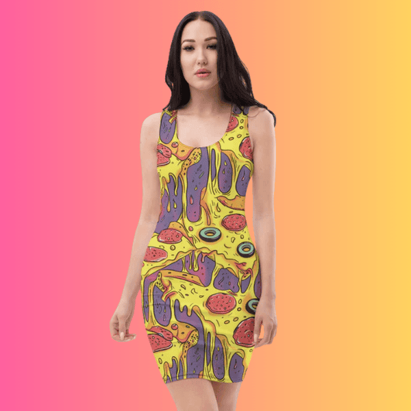 Vibrant Melting Pizza Bodycon Dress for Raves and Festivals