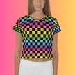 Vibrant Neon Checkered Crop Tee - Must-Have for Festival Vibes