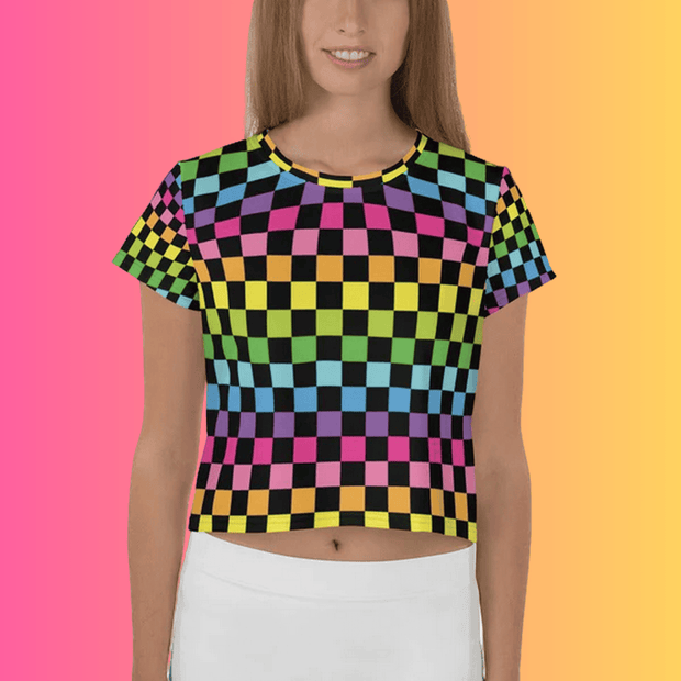 Vibrant Neon Checkered Crop Tee - Must-Have for Festival Vibes