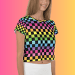 Vibrant Neon Checkered Crop Tee - Must-Have for Festival Vibes