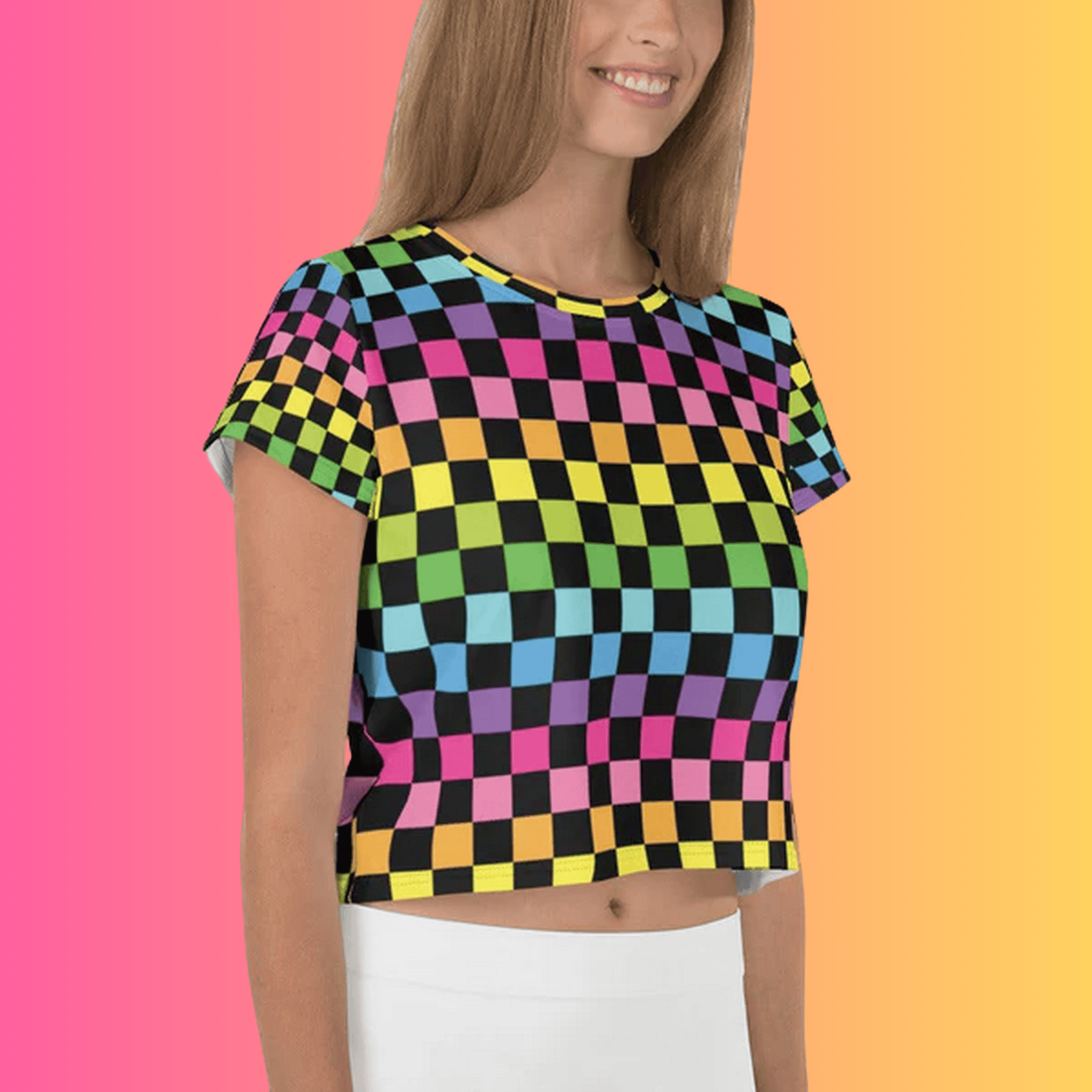 Vibrant Neon Checkered Crop Tee - Must-Have for Festival Vibes