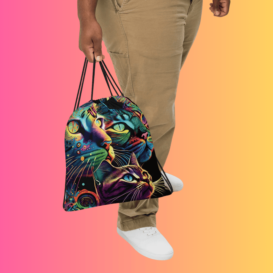 Neon Trippy Cat Drawstring Bag for EDM Festivals and Raves