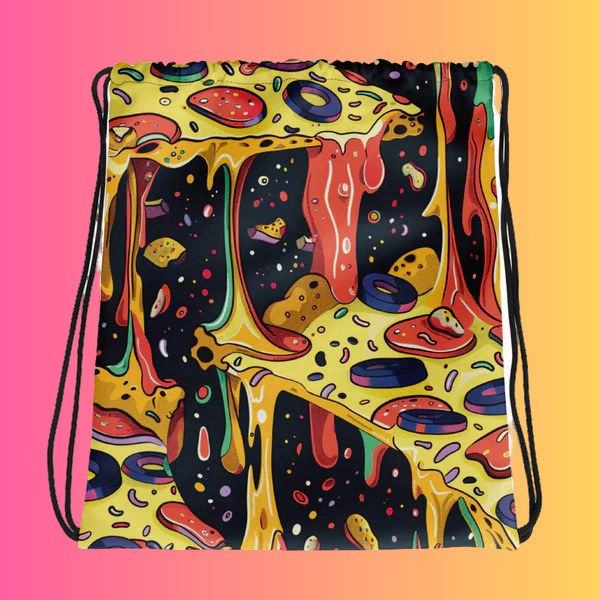 Melting Pizza Drawstring Bag - Vibrant and Fun for Festival Vibes