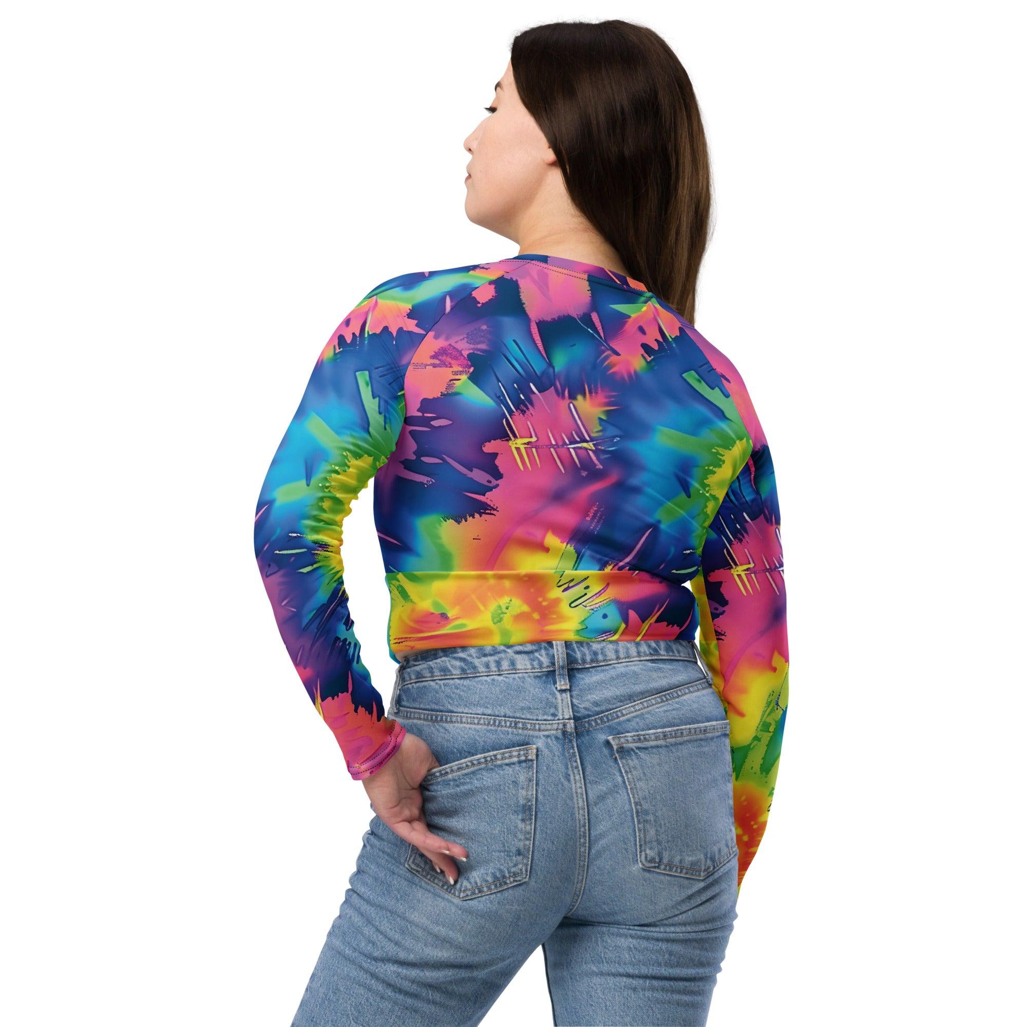 Vibrant Tie-Dye Long-Sleeve Crop Top for Raves and Festivals