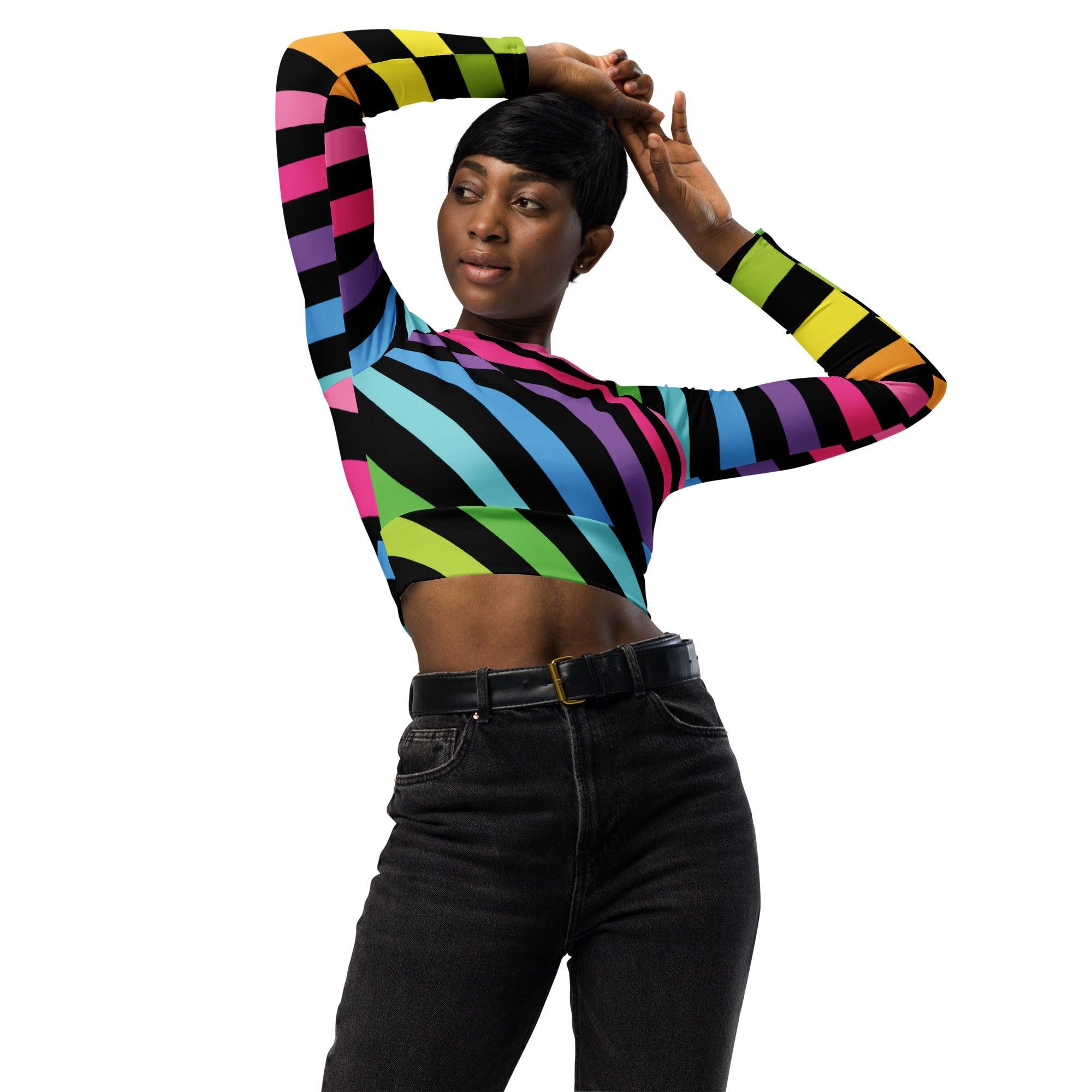 Neon Rainbow Stripe Long-Sleeve Crop Top for Festival Vibes