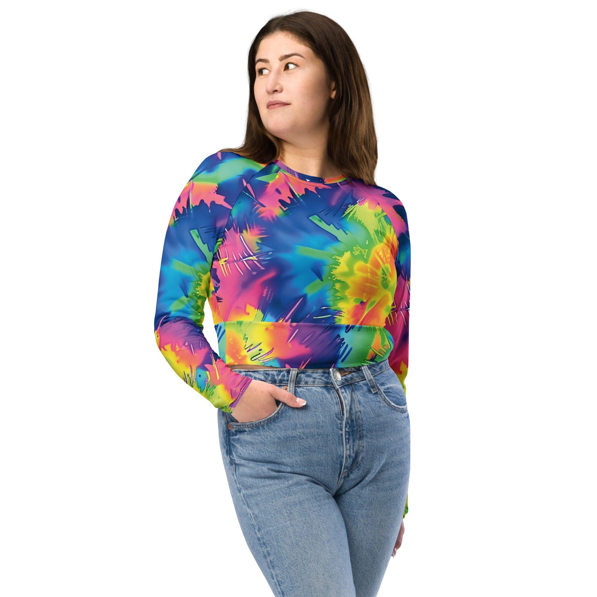 Vibrant Tie-Dye Long-Sleeve Crop Top for Raves and Festivals