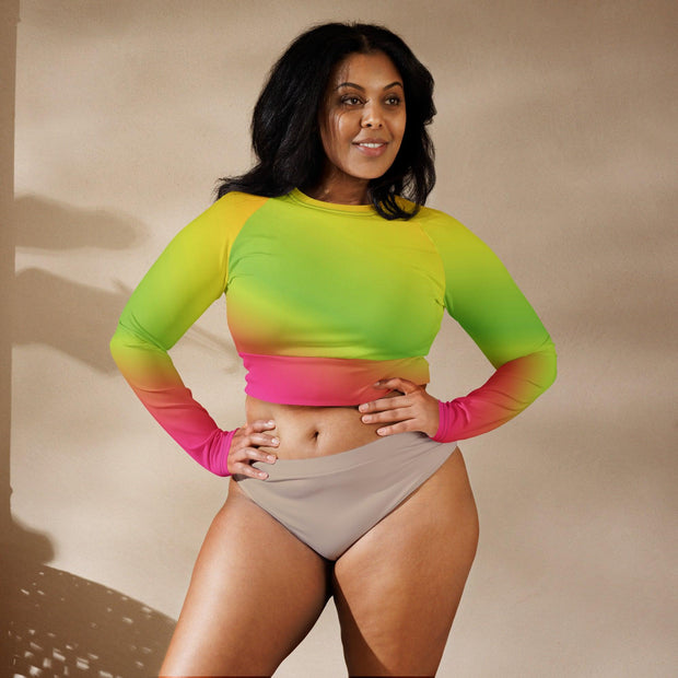 Neon Radiant Long-Sleeve Crop Top for EDM Festivals – Shine Bright and Dance Free!