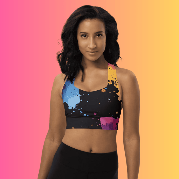 Vibrant Paint Splatter Longline Sports Bra for Rave Enthusiasts