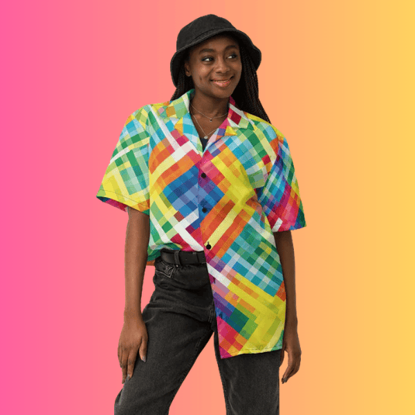 Vibrant Neon Plaid Button-Up Shirt for Raves and Music Festivals