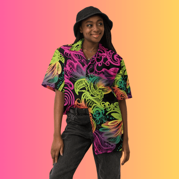 Vibrant Neon Lace Button-Up Shirt for Rave and Festival Vibes