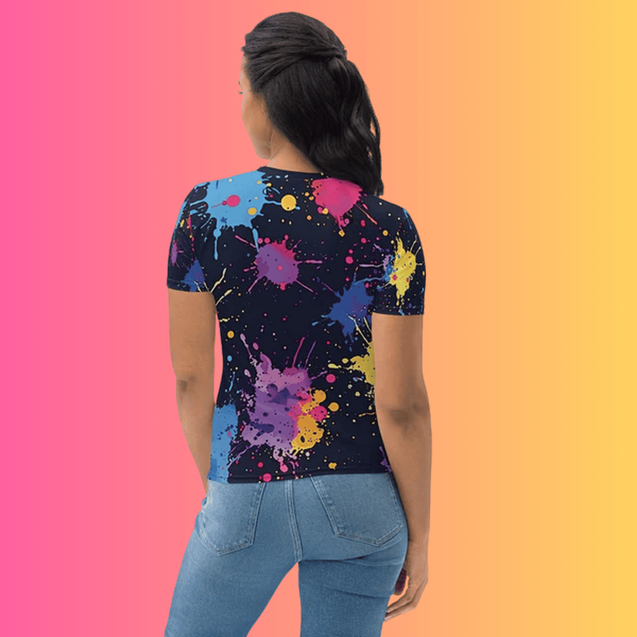 Vibrant Abstract Paint Splatter Women’s Festival T-Shirt for EDM Lovers