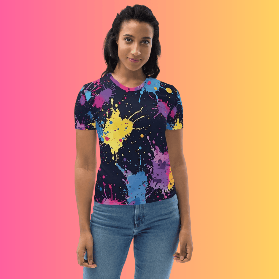 Vibrant Abstract Paint Splatter Women’s Festival T-Shirt for EDM Lovers