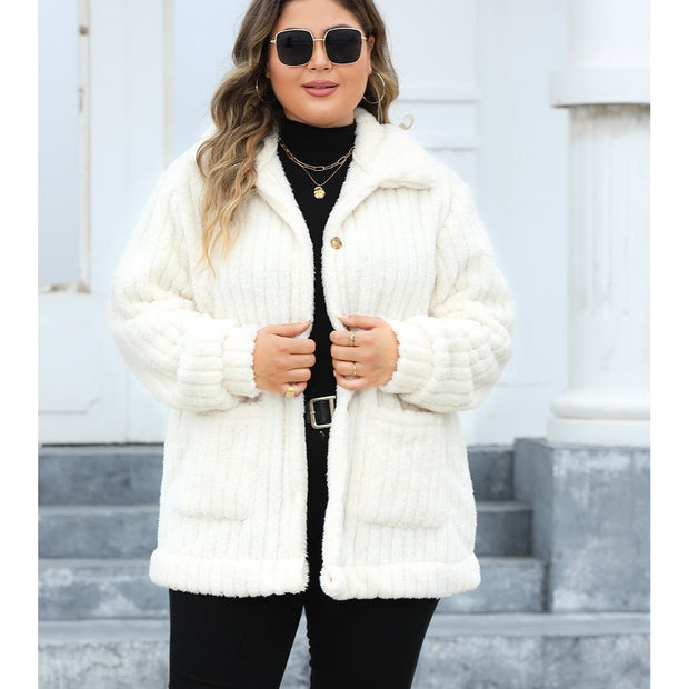 Plus Size Fuzzy Collared Neck Long Sleeve Jacket