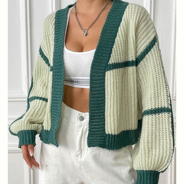 Women Contrast Open Front Long Sleeve Cardigan