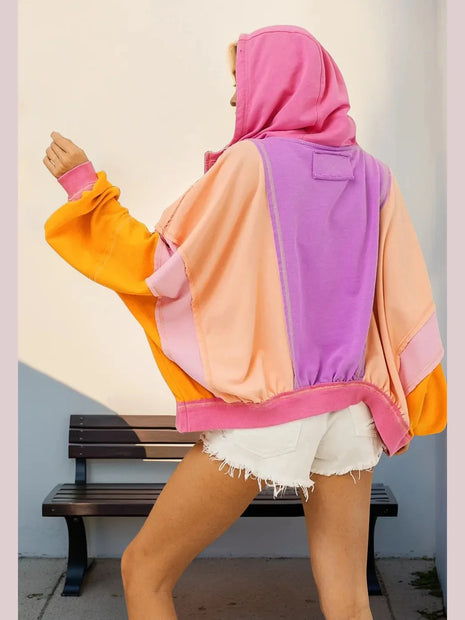 Double Take Full Size Color Block Zip Up Hoodie