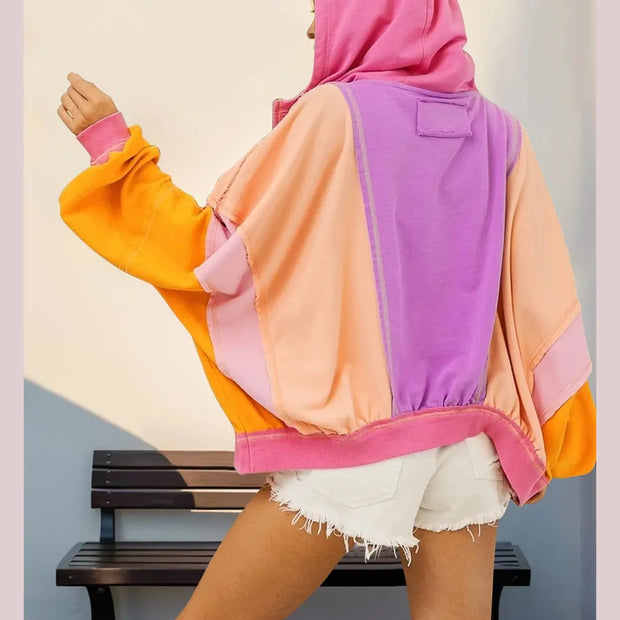 Double Take Full Size Color Block Zip Up Hoodie