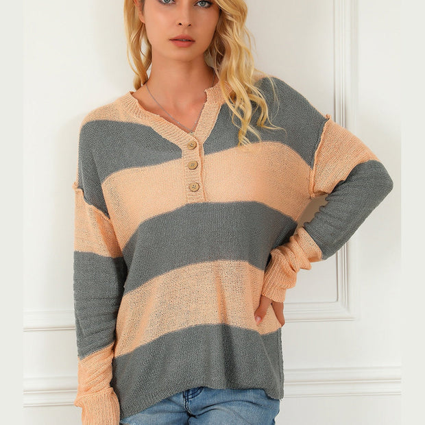 Striped Buttoned Dropped Shoulder Slit Sweater
