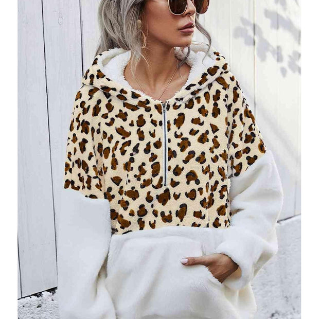 Women Leopard Half-Zip Dropped Shoulder Hoodie