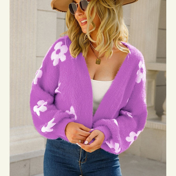 Women Floral Open Front Fuzzy Cardigan Sweater