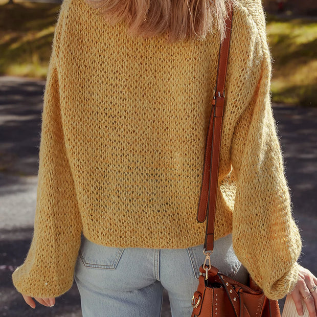 Women Lantern Sleeve Scallop V Neck Buttoned Front Cardigan Sweater
