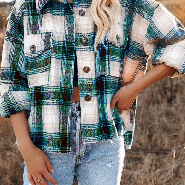Women Pocketed Plaid Button Down Long Sleeve Shacket