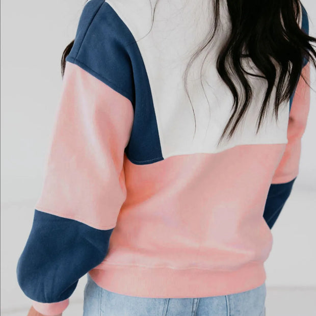 Colorblock Patchwork Half Button Baggy Sweatshirt