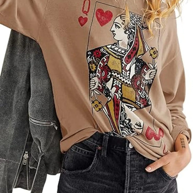Queen of Hearts Playing Card Graphic Round Neck Sweatshirt