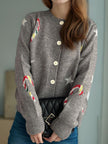 Women Candy Cane & Star Button Down Long Sleeve Christmas Cardigan