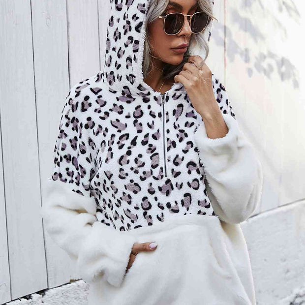 Women Leopard Half-Zip Dropped Shoulder Hoodie