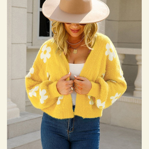 Women Floral Open Front Fuzzy Cardigan Sweater