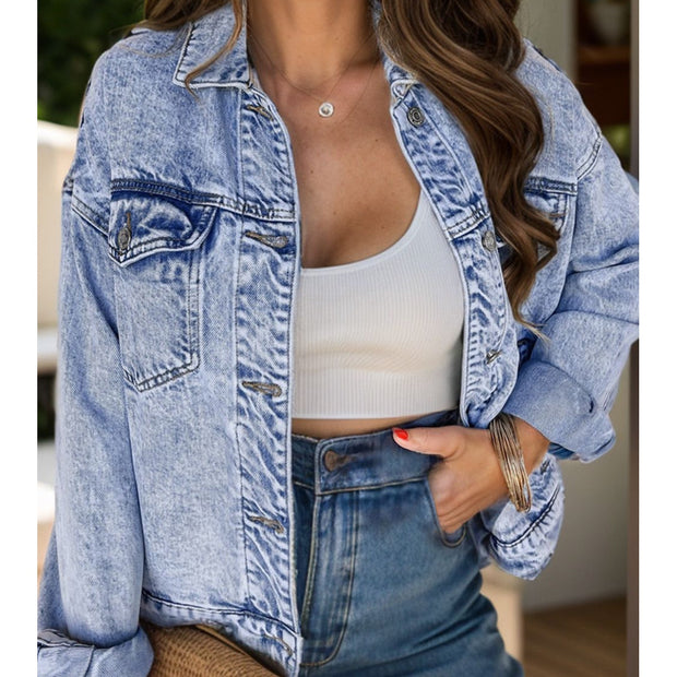 Pocketed Button Up Dropped Shoulder Denim Jacket