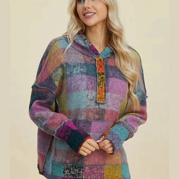 Double Take Full Size Plaid Dropped Shoulder Fleece Hoodie