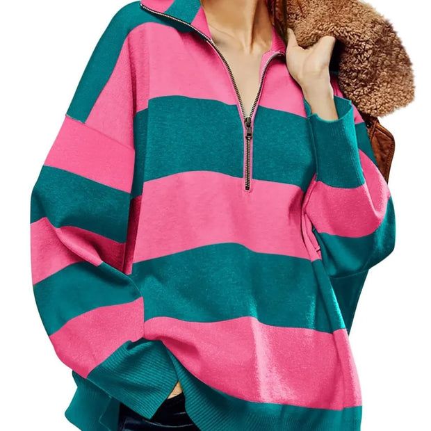 Striped Half-Zip Oversized Sweatshirt